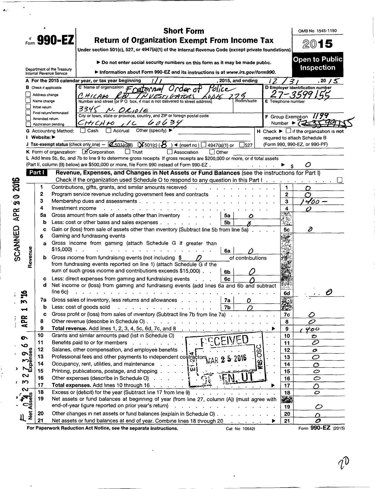 Image of first page of 2015 Form 990EO for Fraternal Order of Police - 279 Chgo Rev Investigators