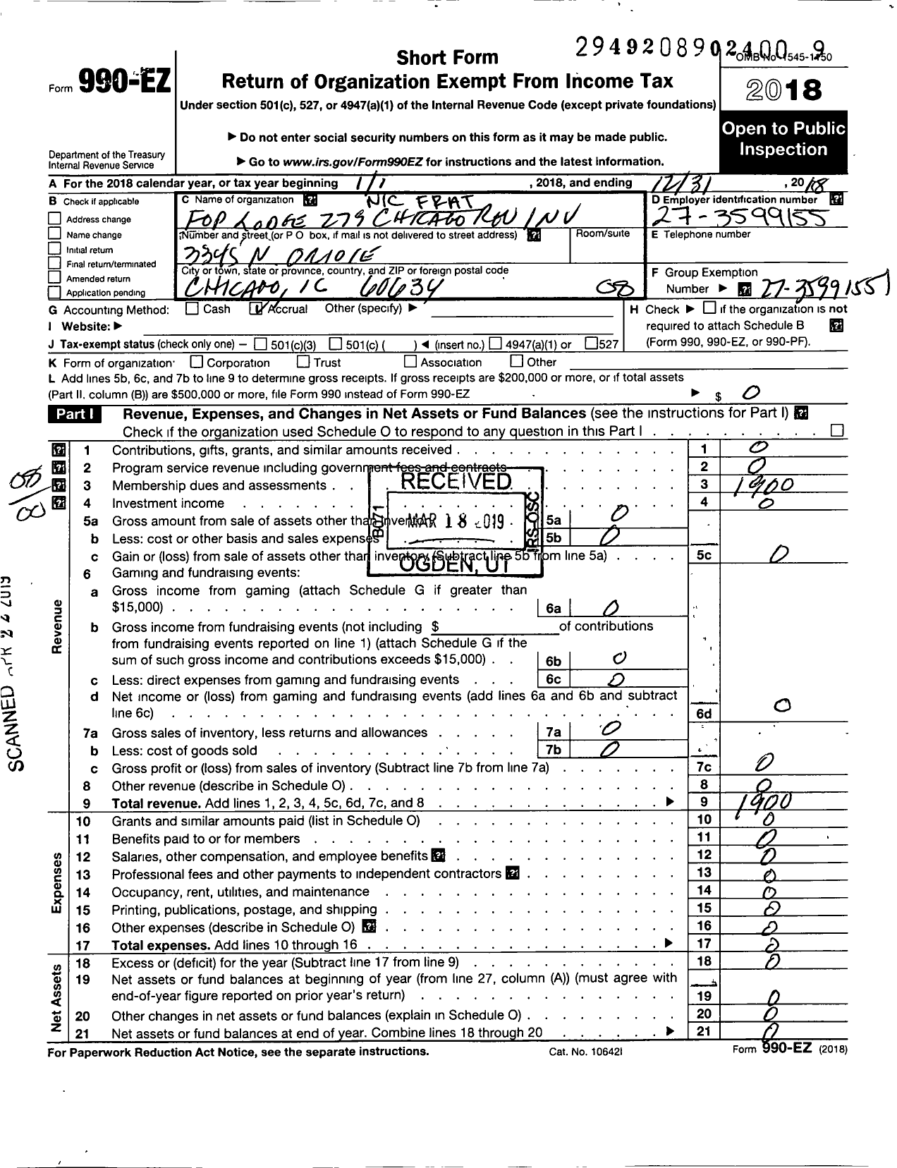 Image of first page of 2018 Form 990EO for Fraternal Order of Police - 279 Chgo Rev Investigators