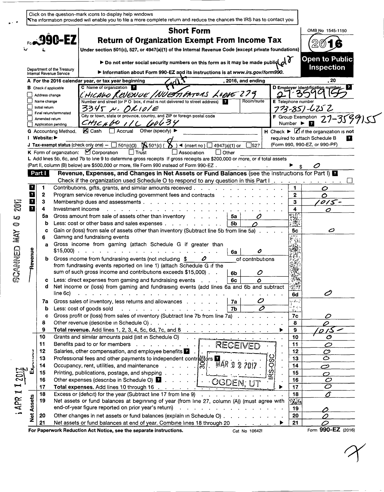 Image of first page of 2016 Form 990EO for Fraternal Order of Police - 279 Chgo Rev Investigators