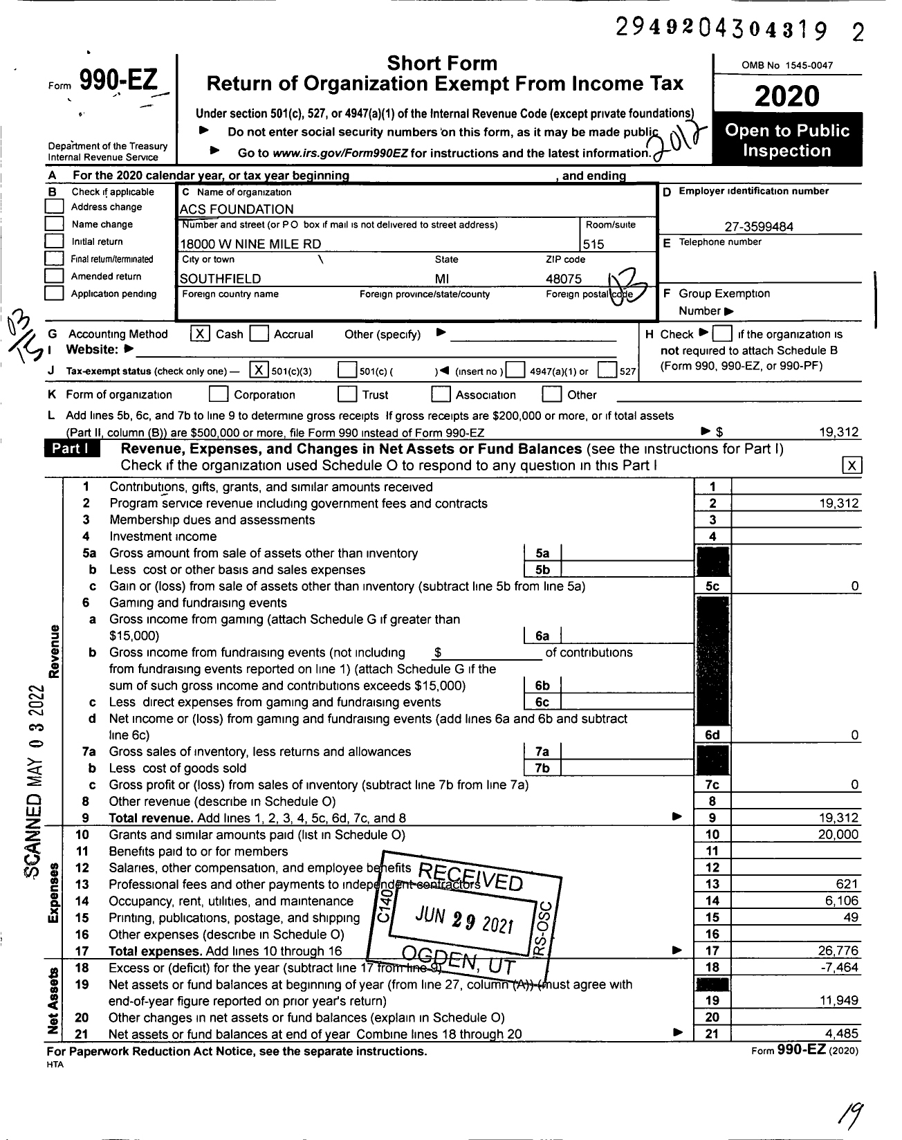 Image of first page of 2020 Form 990EZ for ACS Foundation