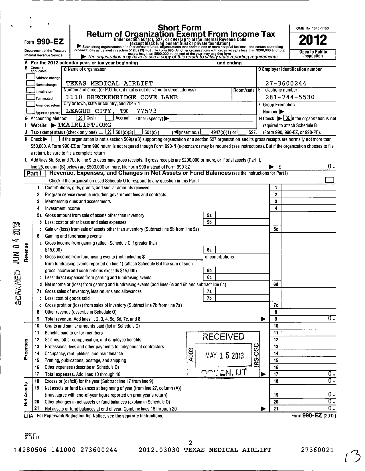 Image of first page of 2012 Form 990EZ for Texas Medical Airlift Corp