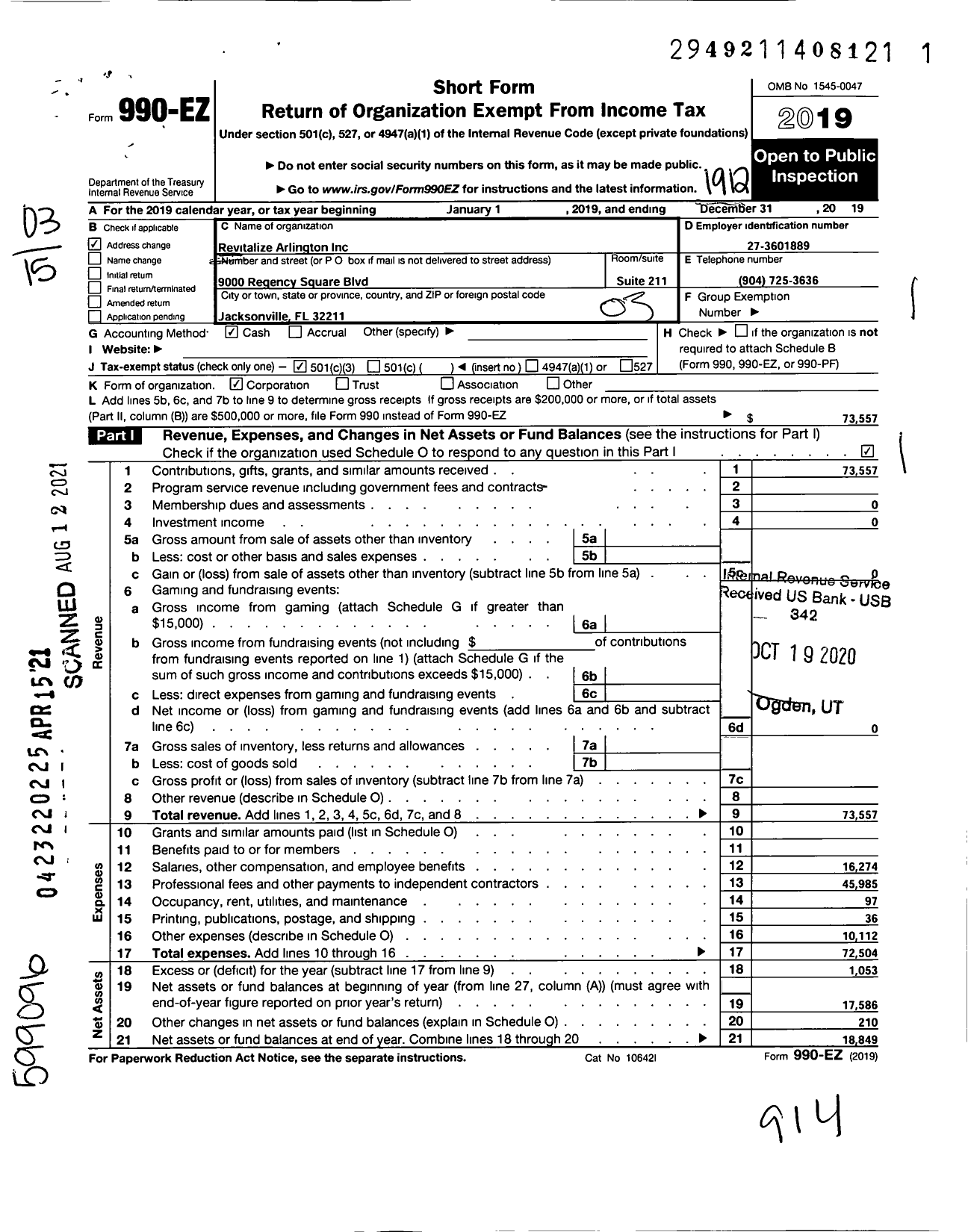 Image of first page of 2019 Form 990EZ for Revitalize Arlington