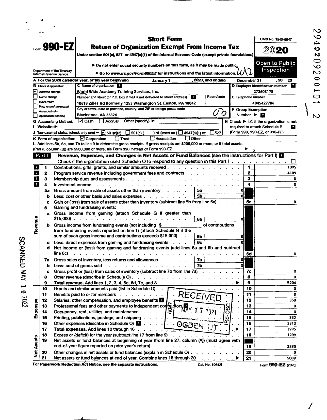 Image of first page of 2020 Form 990EZ for World Wide Academy Training Services