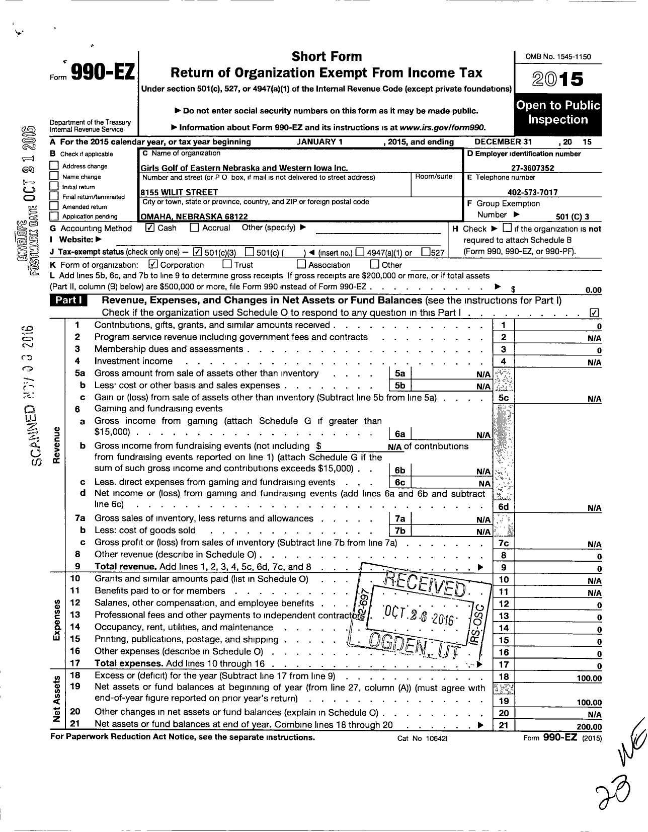 Image of first page of 2015 Form 990EZ for Girls Golf of Eastern Nebraska Western Iowa