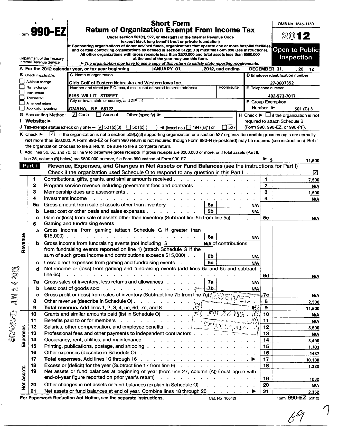 Image of first page of 2012 Form 990EZ for Girls Golf of Eastern Nebraska Western Iowa