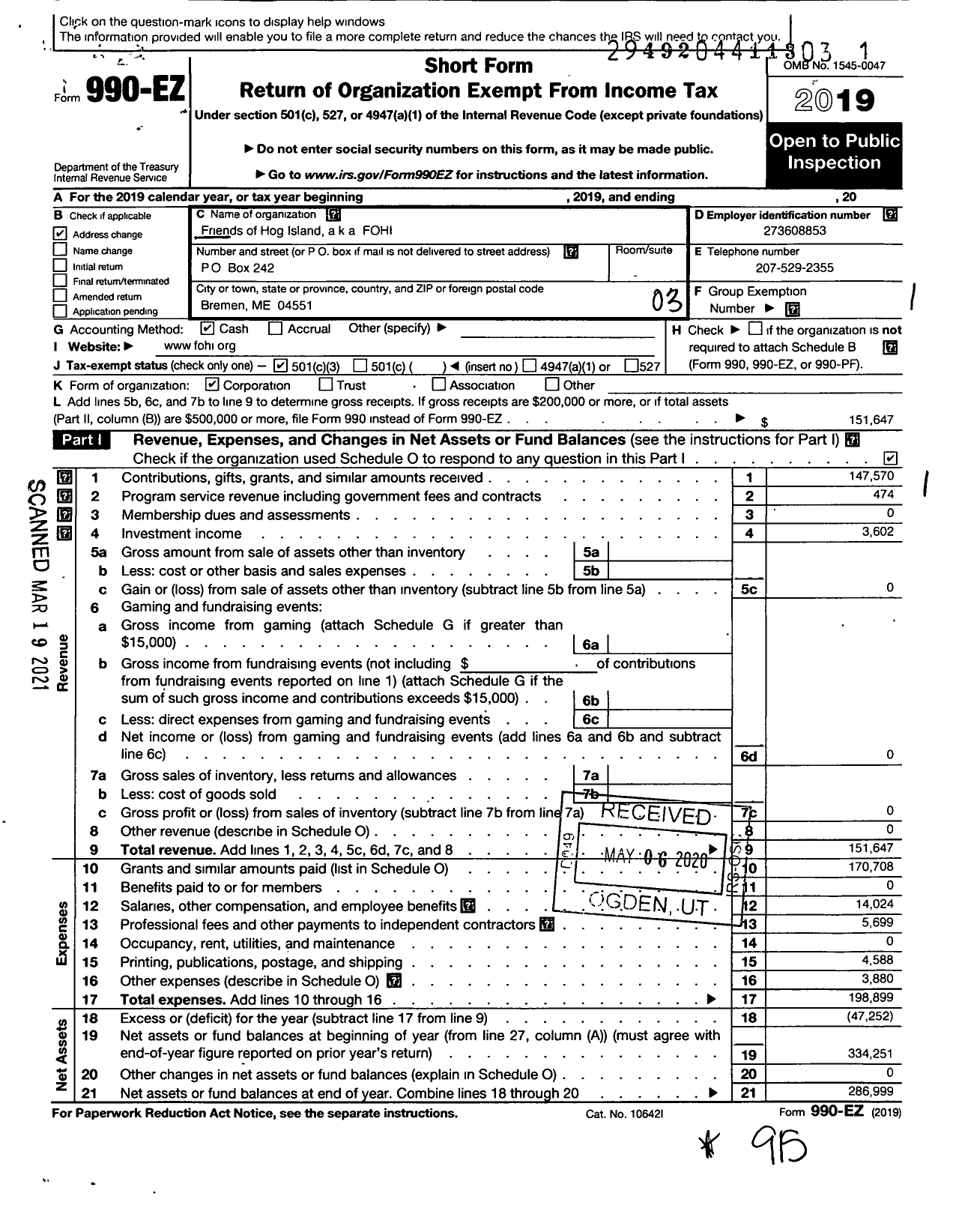 Image of first page of 2019 Form 990EZ for Friends of Hog Island (FOHI)