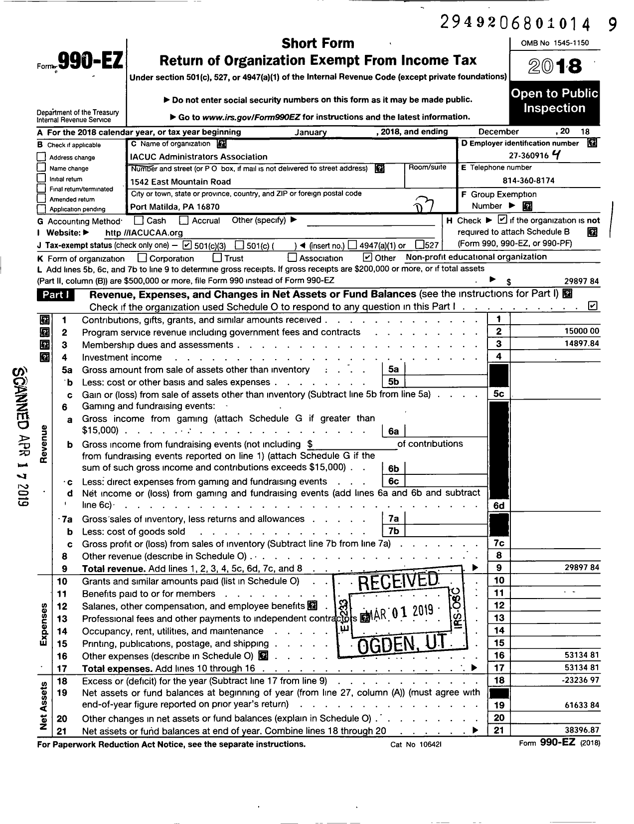 Image of first page of 2018 Form 990EZ for Iacuc Administrators Association