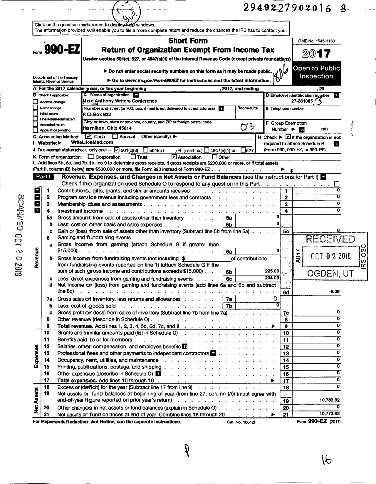Image of first page of 2017 Form 990EZ for Mad Anthony Writers Conference