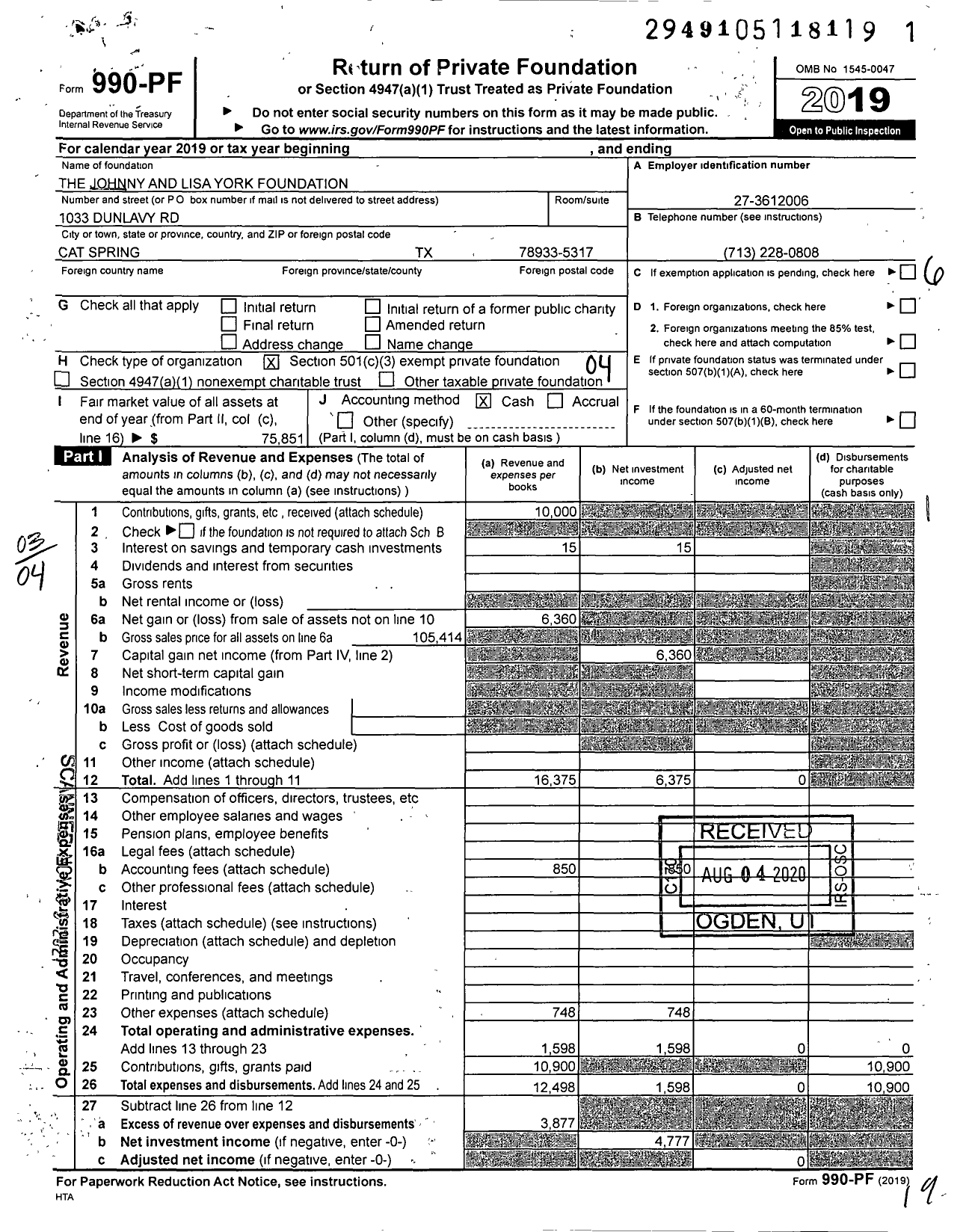 Image of first page of 2019 Form 990PF for The Johnny and Lisa York Foundation