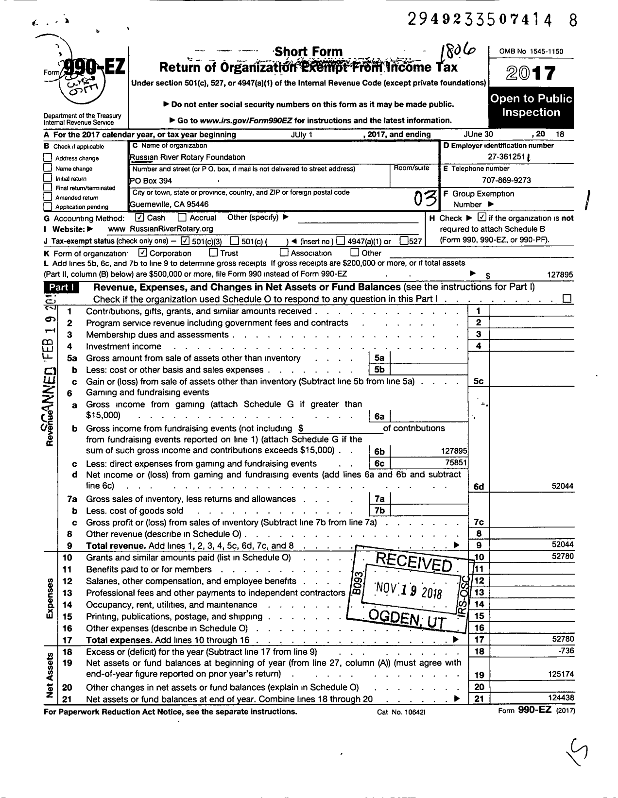 Image of first page of 2017 Form 990EZ for Russian River Rotary Foundation