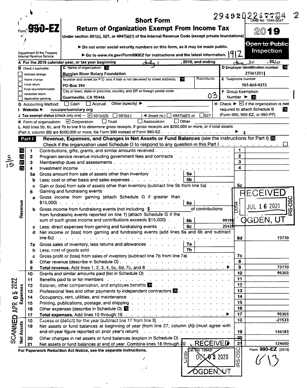 Image of first page of 2019 Form 990EZ for Russian River Rotary Foundation