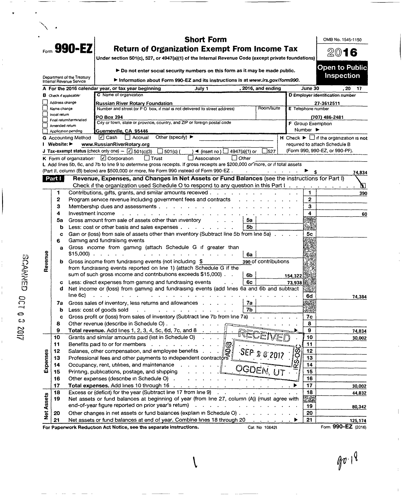 Image of first page of 2016 Form 990EZ for Russian River Rotary Foundation