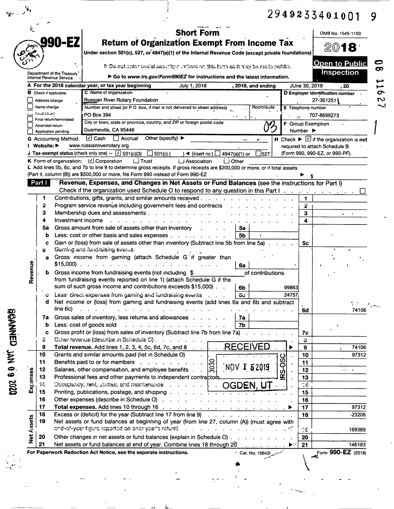 Image of first page of 2018 Form 990EZ for Russian River Rotary Foundation