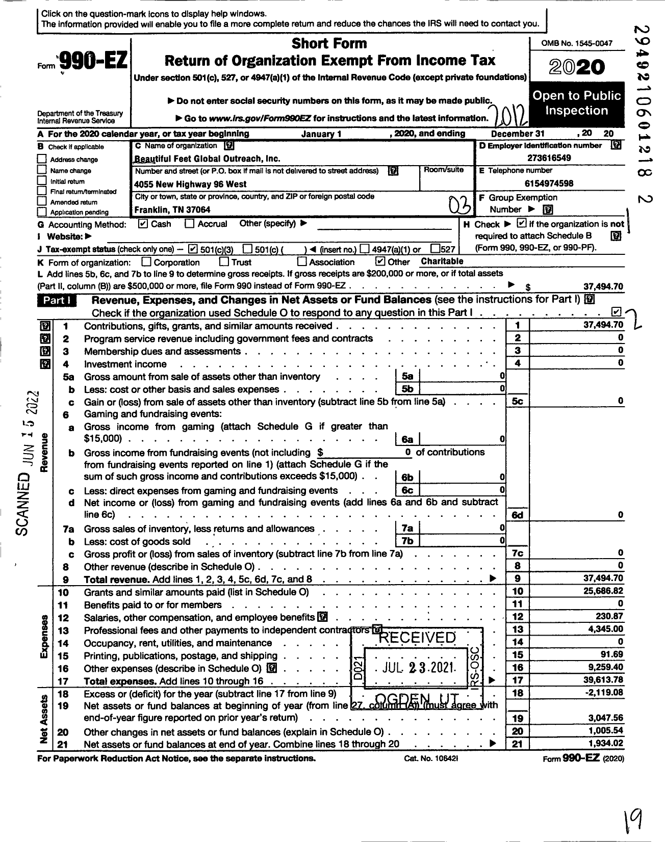 Image of first page of 2020 Form 990EZ for Three Ravens Global