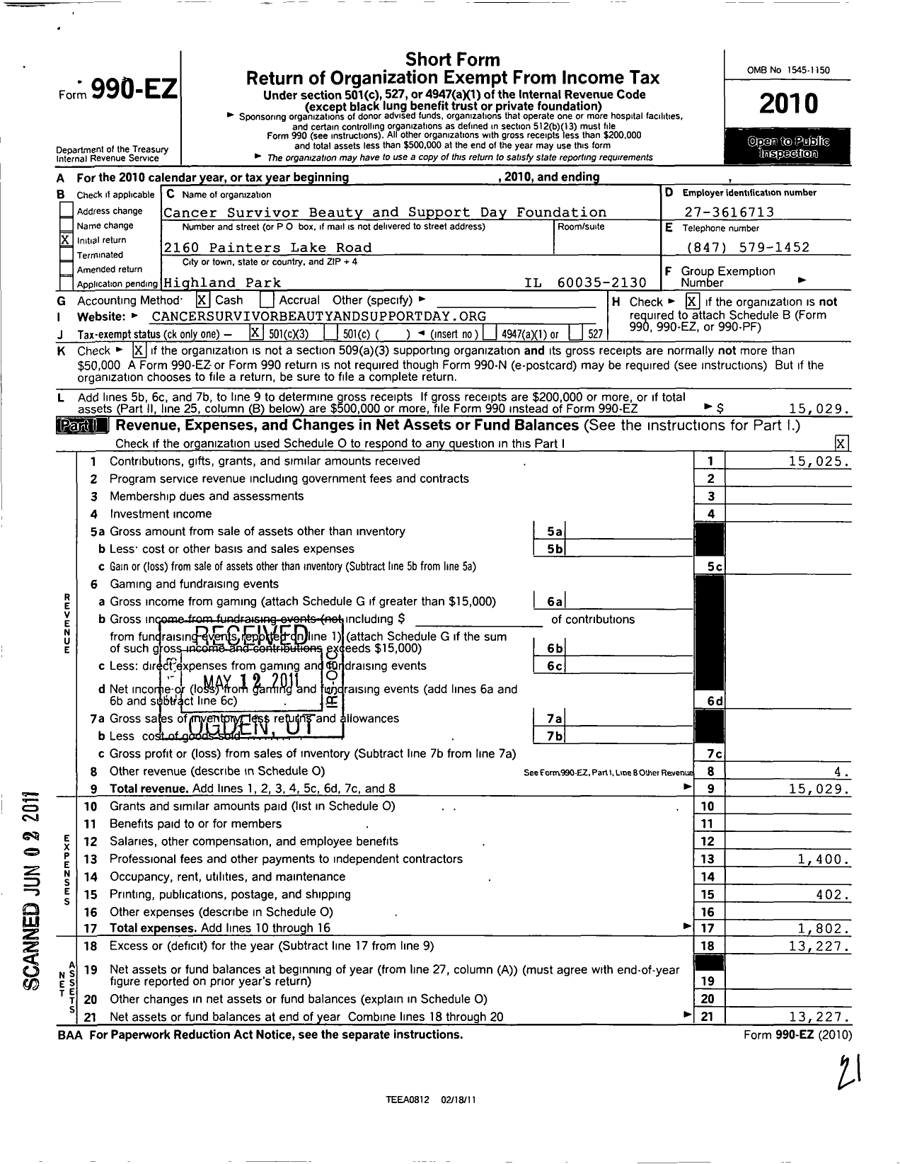 Image of first page of 2010 Form 990EZ for Cancer Survivor Beauty and Support Day Foundation