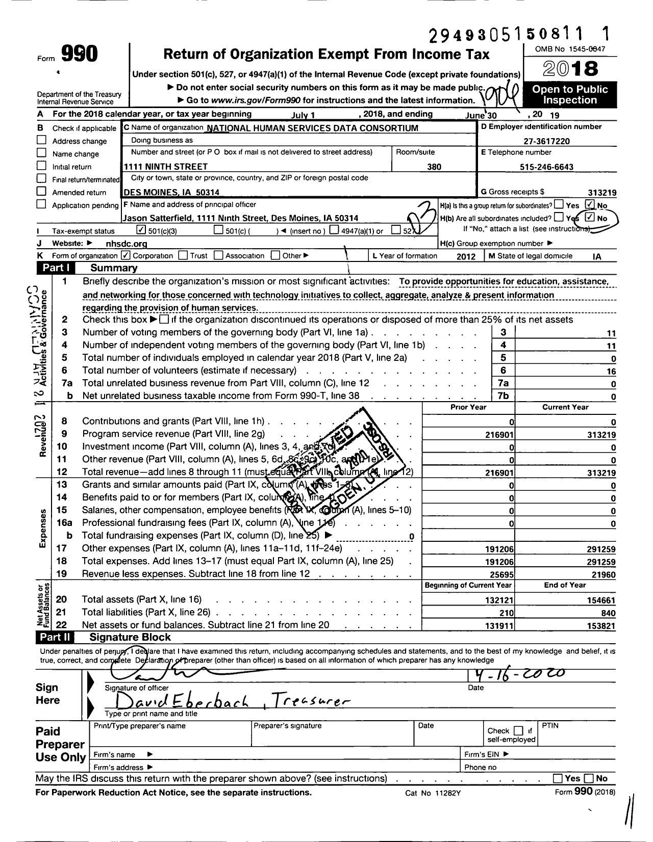 Image of first page of 2018 Form 990 for National Human Services Data Consortium