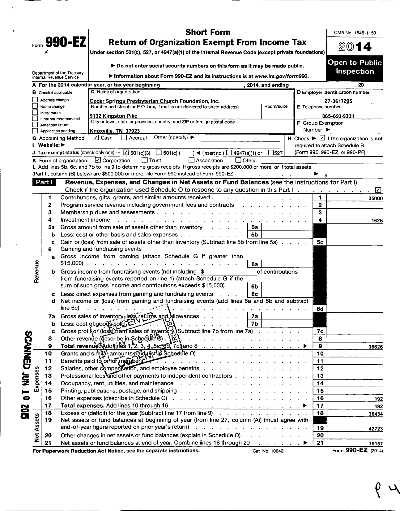 Image of first page of 2014 Form 990EZ for Cedar Springs Presbyterian Church Foundation