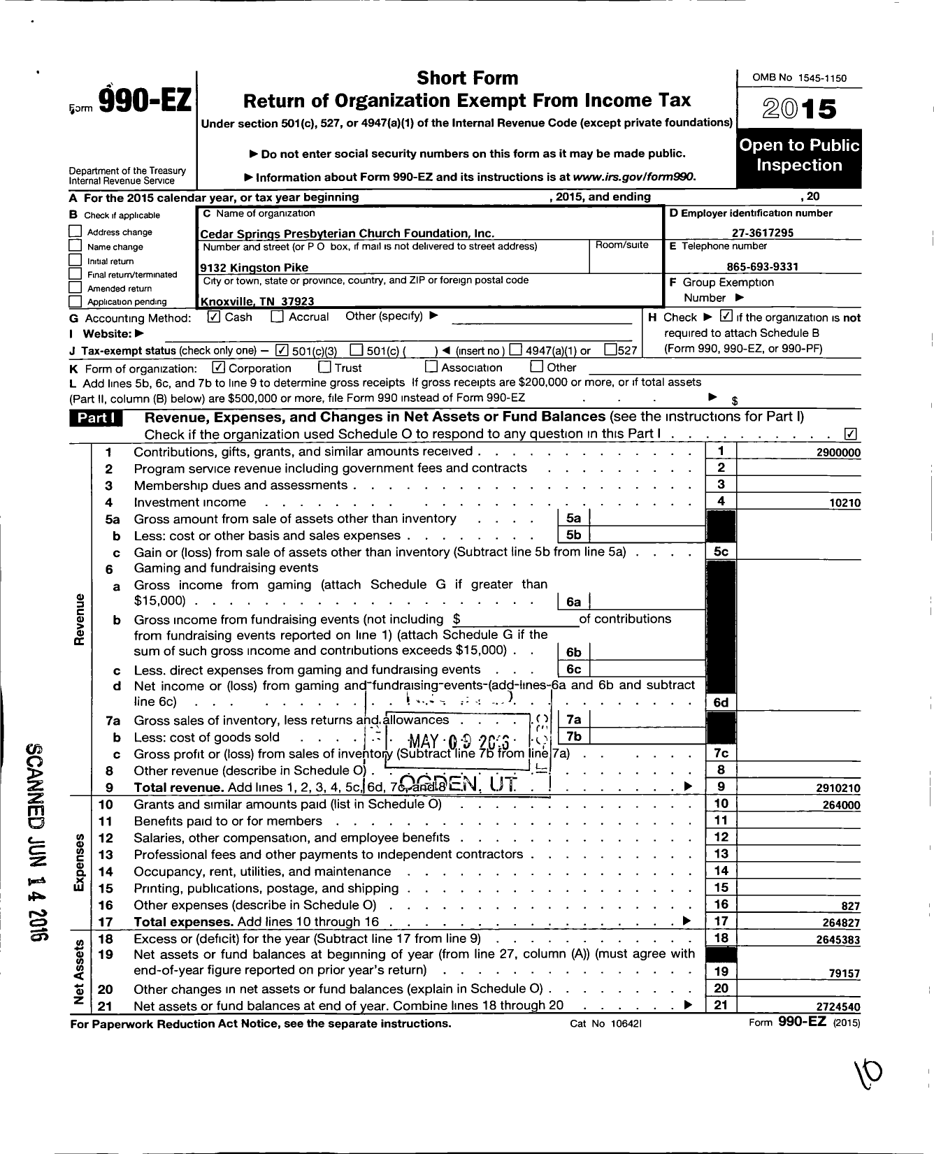 Image of first page of 2015 Form 990EZ for Cedar Springs Presbyterian Church Foundation