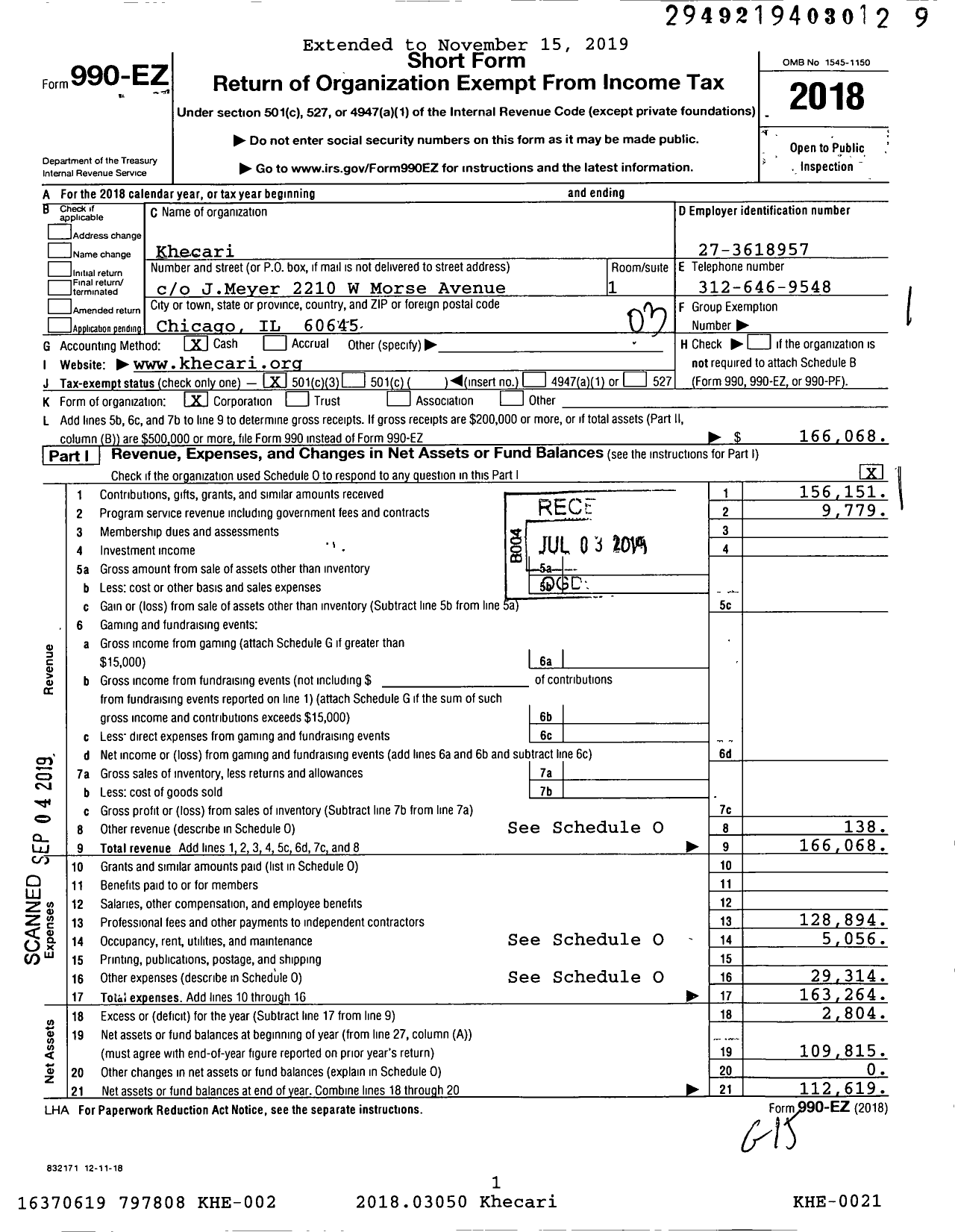 Image of first page of 2018 Form 990EZ for Khecari