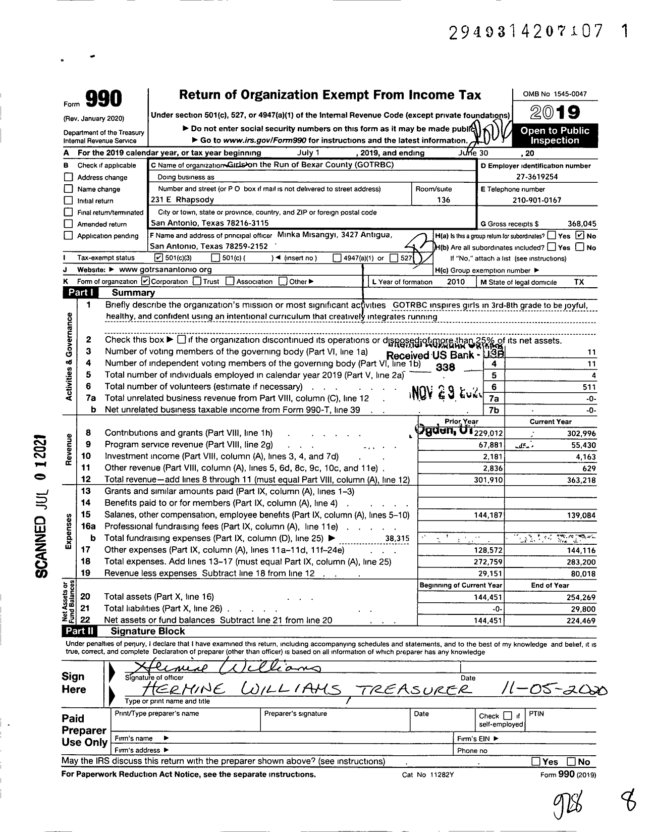 Image of first page of 2019 Form 990 for Girls on the Run of Bexar County