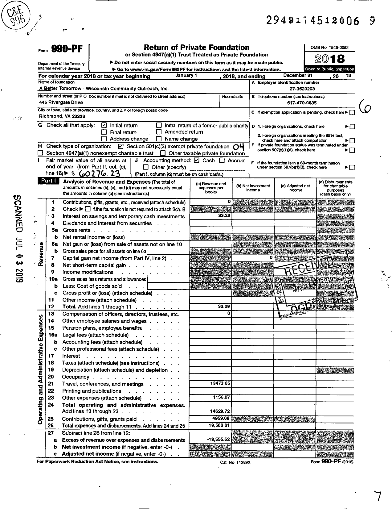 Image of first page of 2018 Form 990PF for A Better Tomorrow - Wisconsin Community Outreach