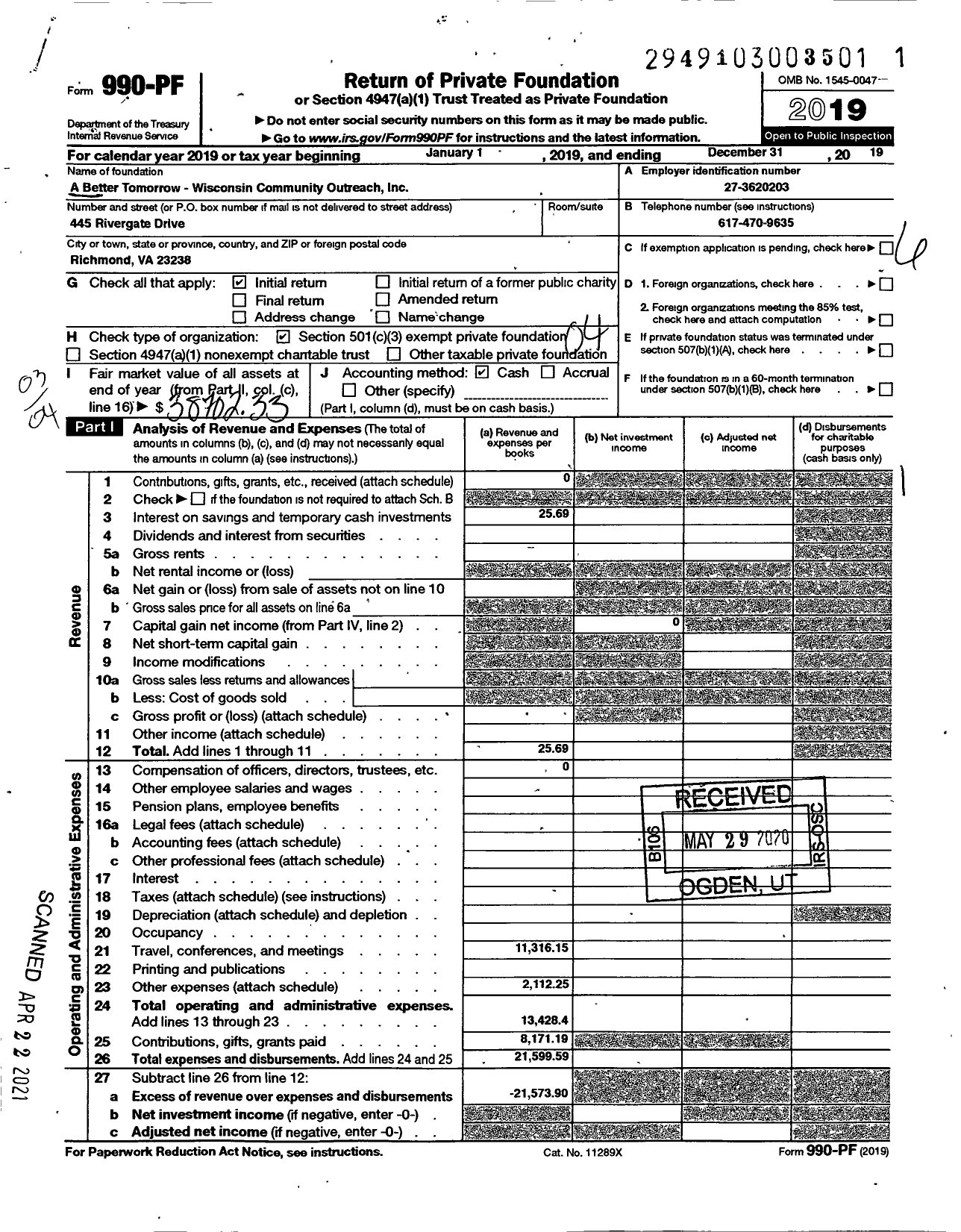 Image of first page of 2019 Form 990PF for A Better Tomorrow - Wisconsin Community Outreach