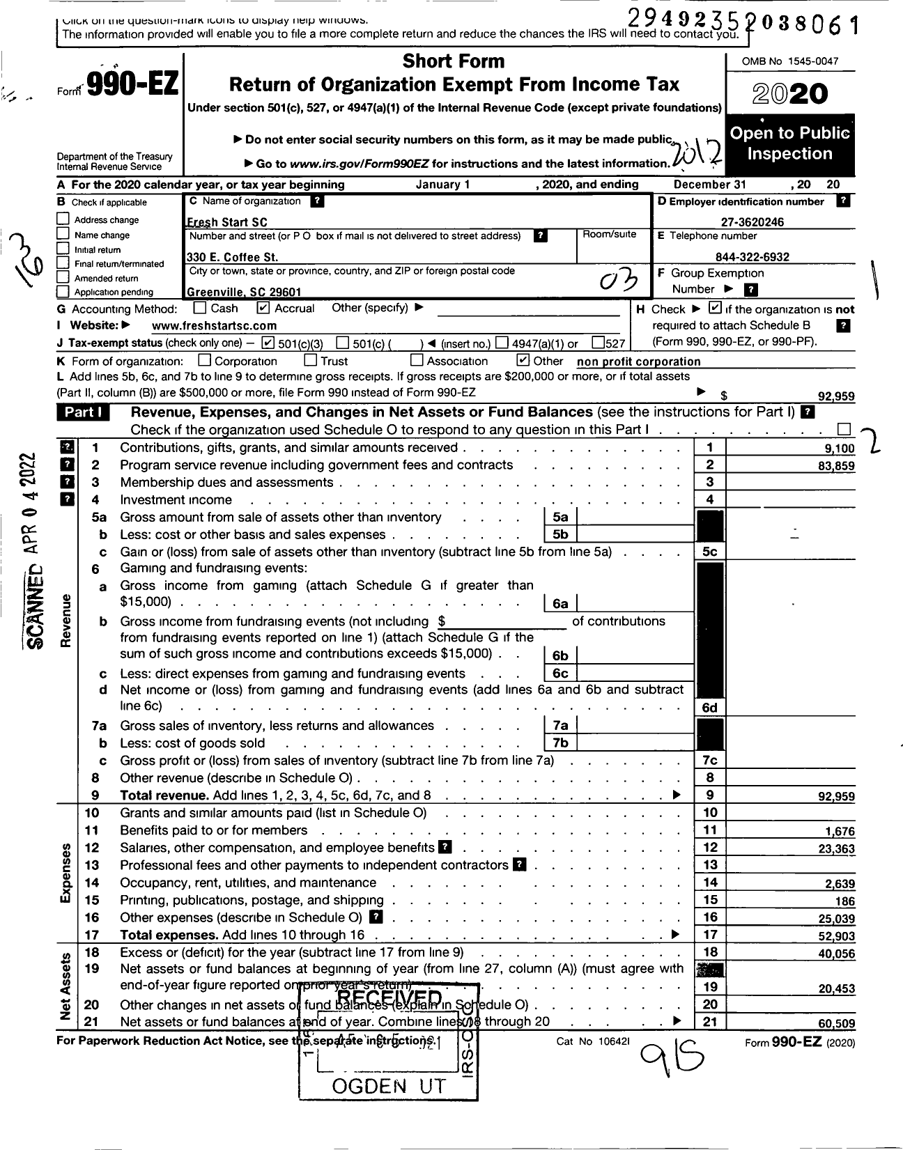 Image of first page of 2020 Form 990EZ for Fresh Start SC