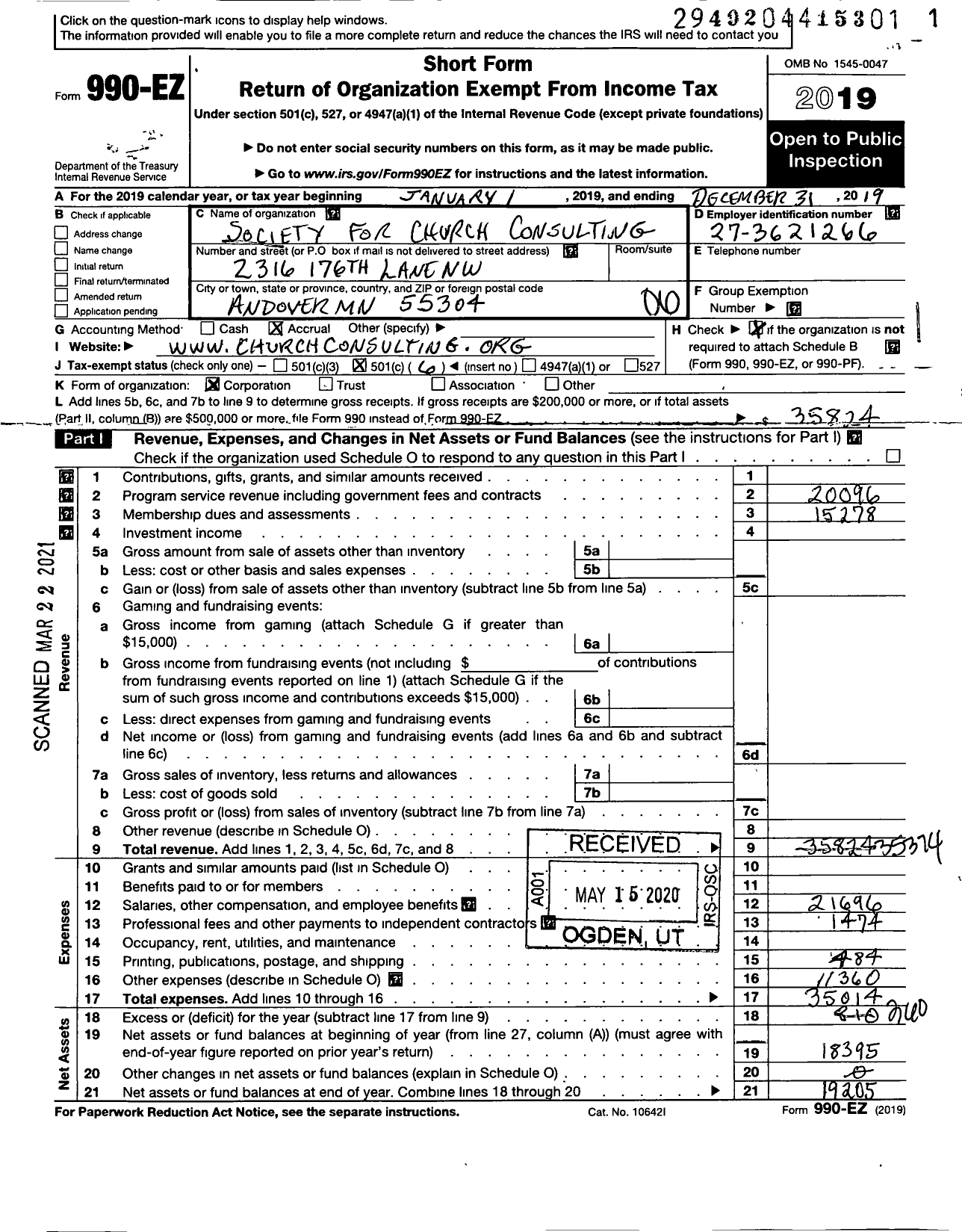 Image of first page of 2019 Form 990EO for Society for Church Consulting