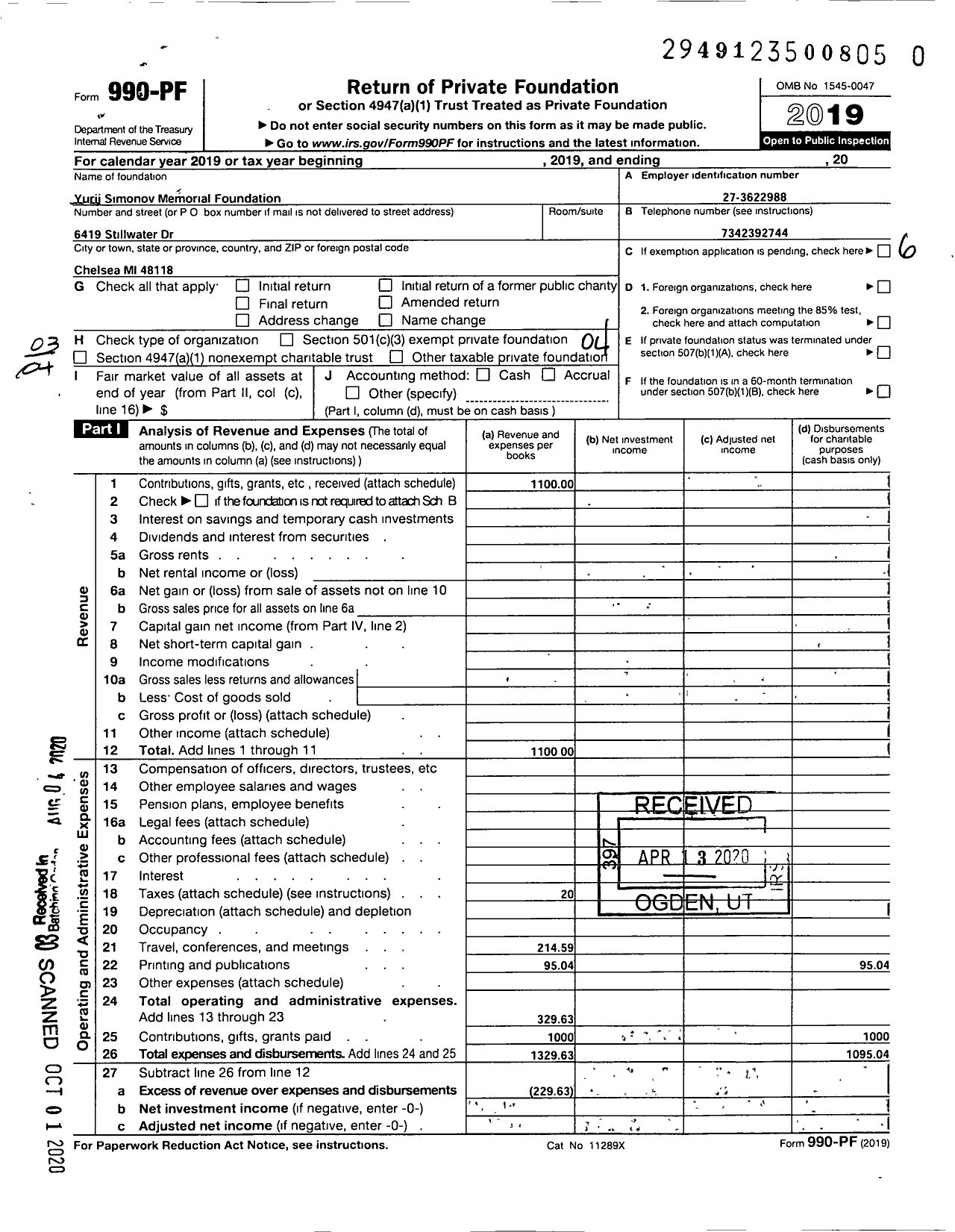 Image of first page of 2019 Form 990PR for Yurii Simonov Memorial Fund