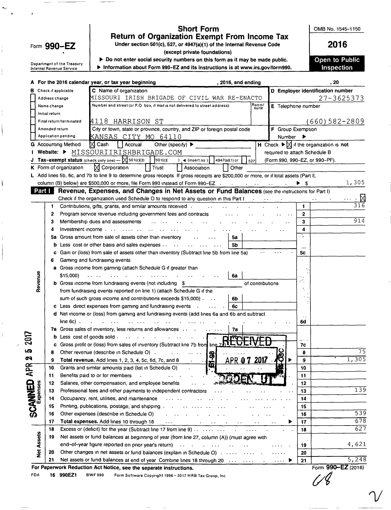 Image of first page of 2016 Form 990EZ for Missouri Irish Brigade of Civil War Re Enacto