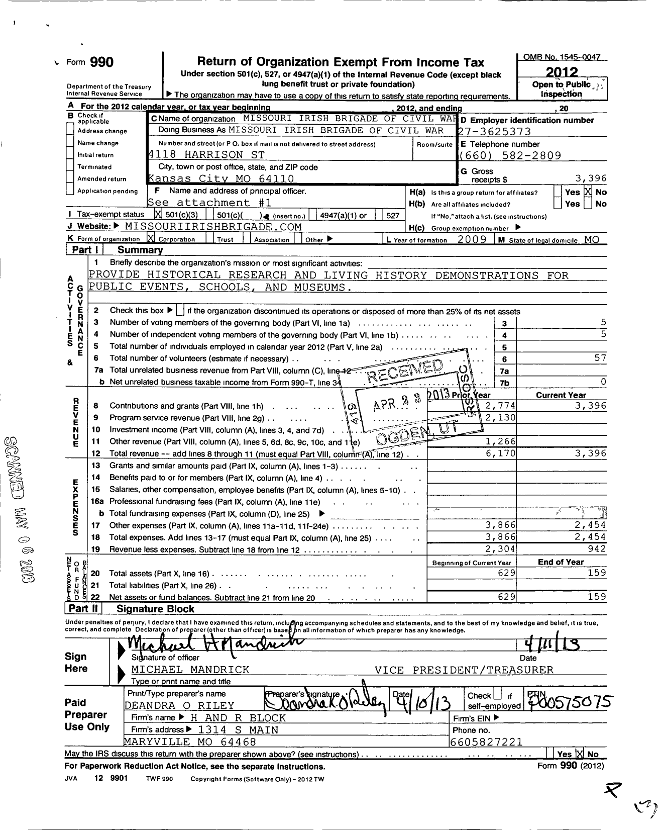 Image of first page of 2012 Form 990 for Missouri Irish Brigade of Civil War Re Enacto