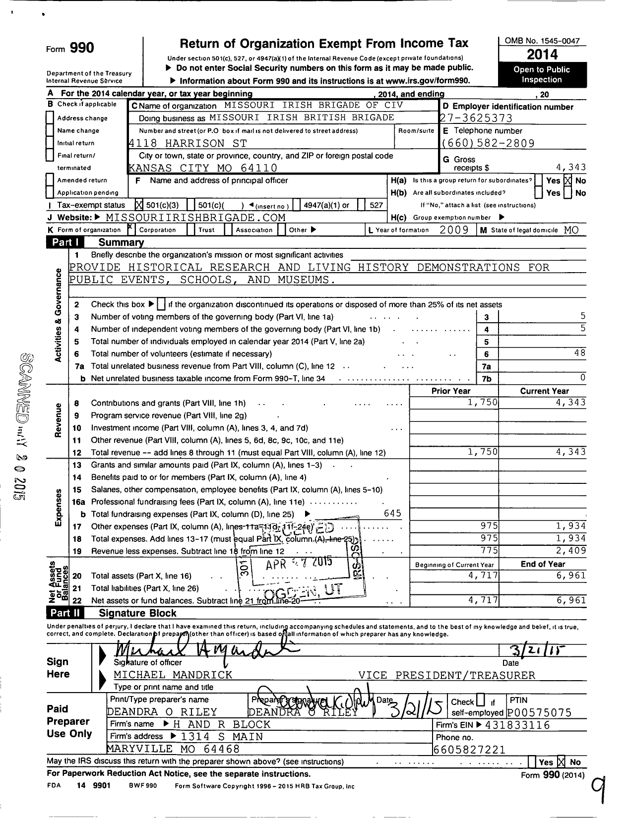 Image of first page of 2014 Form 990 for Missouri Irish Brigade of Civil War Re Enacto