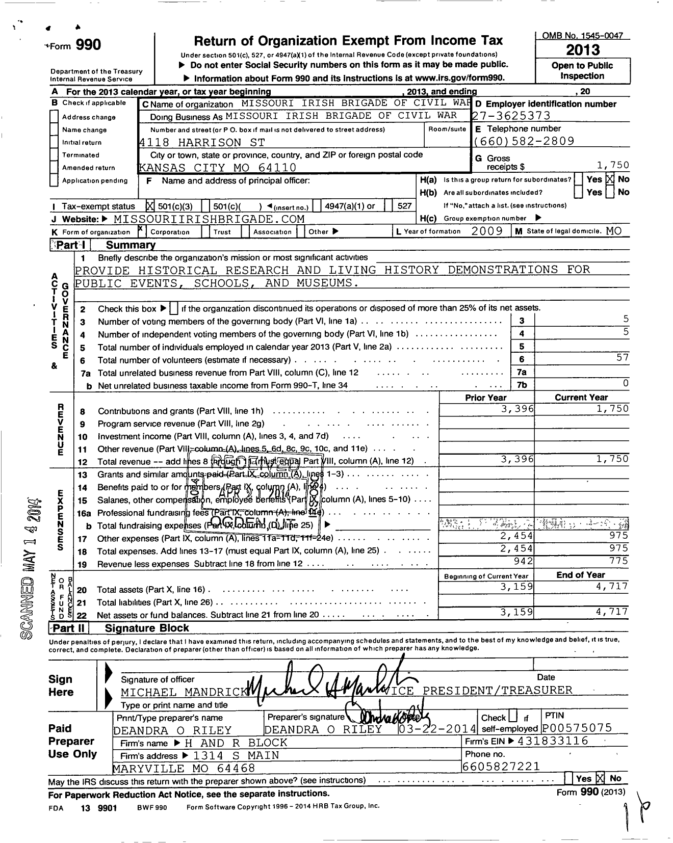 Image of first page of 2013 Form 990 for Missouri Irish Brigade of Civil War Re Enacto