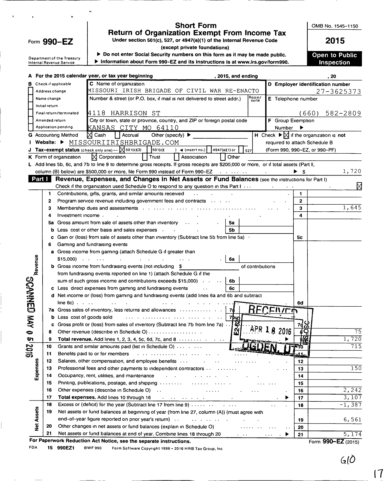 Image of first page of 2015 Form 990EZ for Missouri Irish Brigade of Civil War Re Enacto