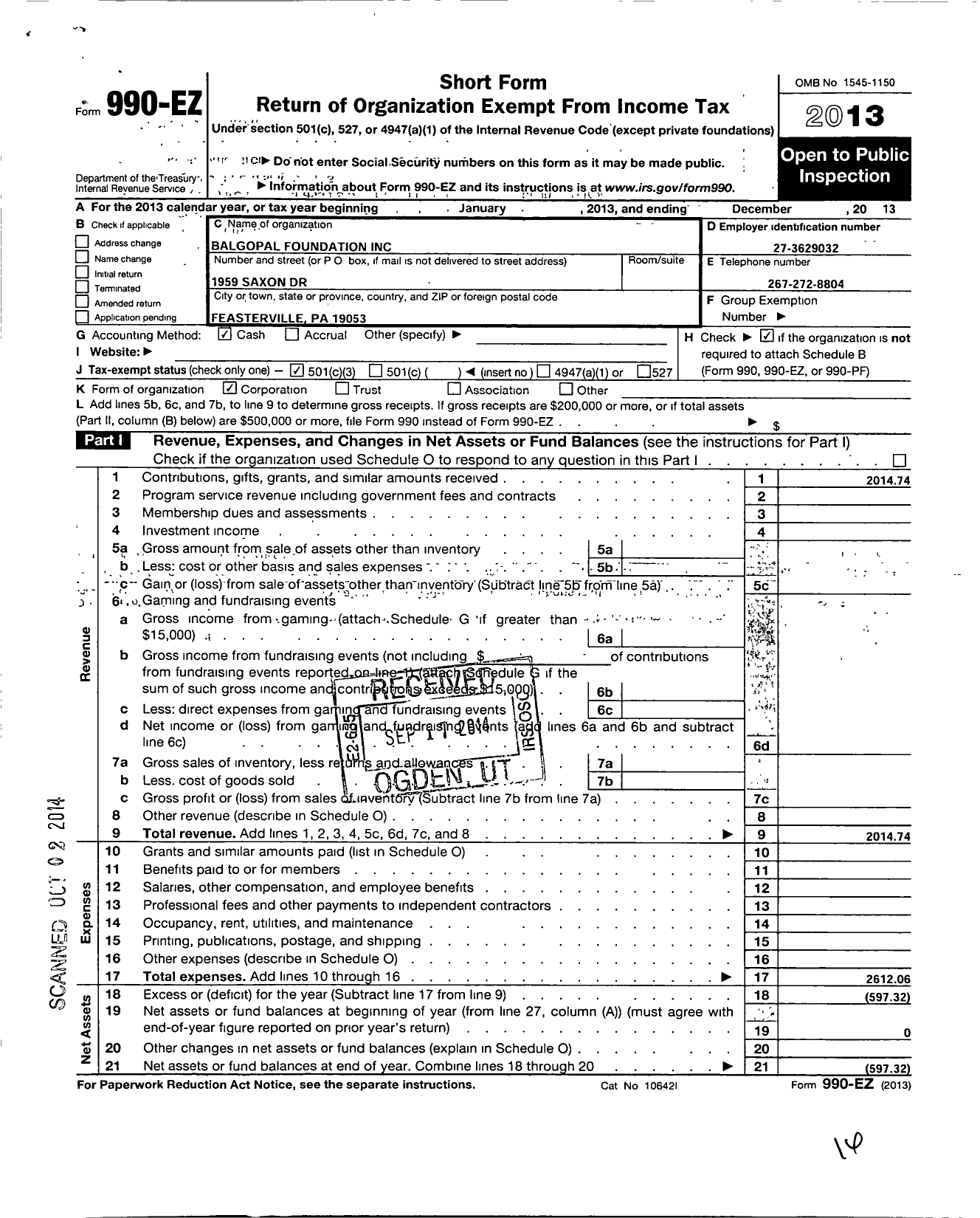 Image of first page of 2013 Form 990EZ for Balgopal Foundation