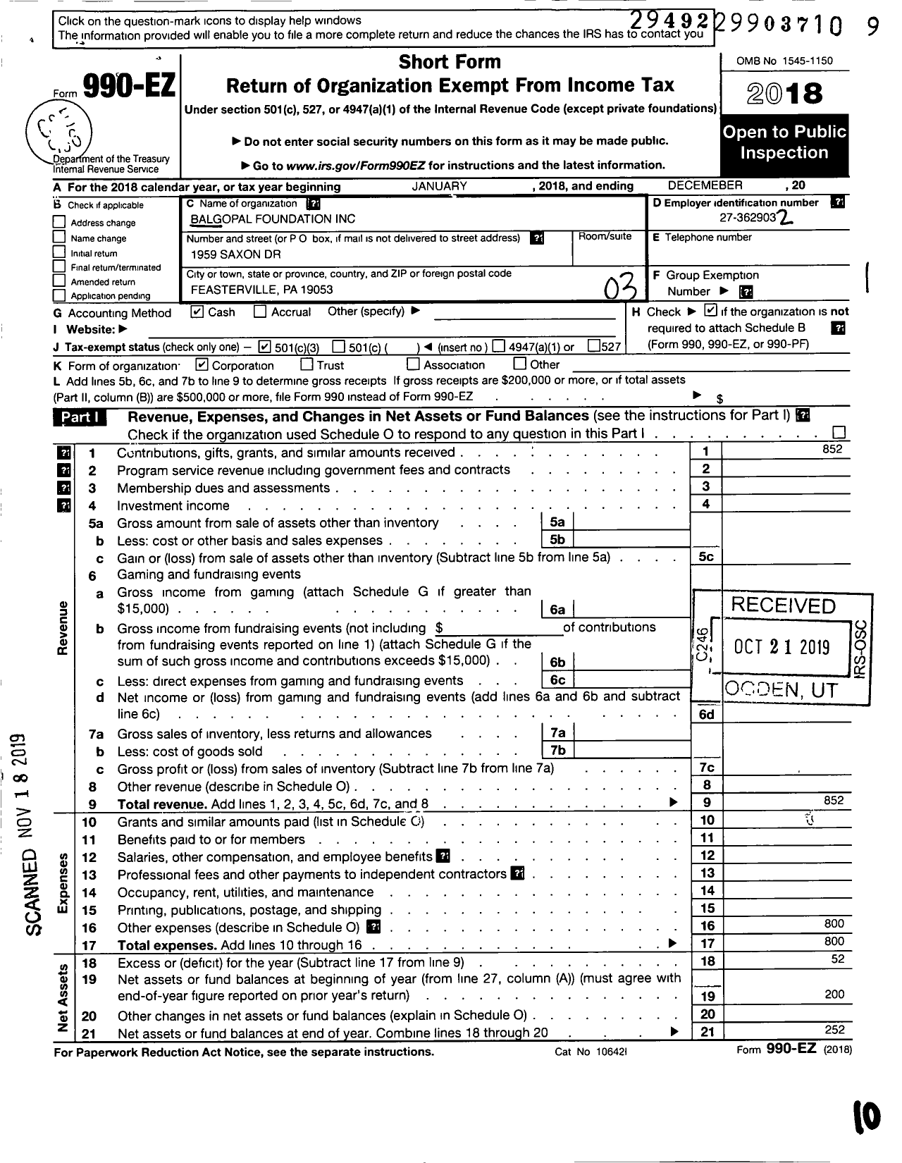 Image of first page of 2018 Form 990EZ for Balgopal Foundation