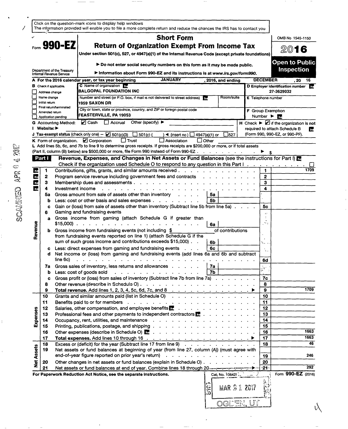 Image of first page of 2016 Form 990EZ for Balgopal Foundation