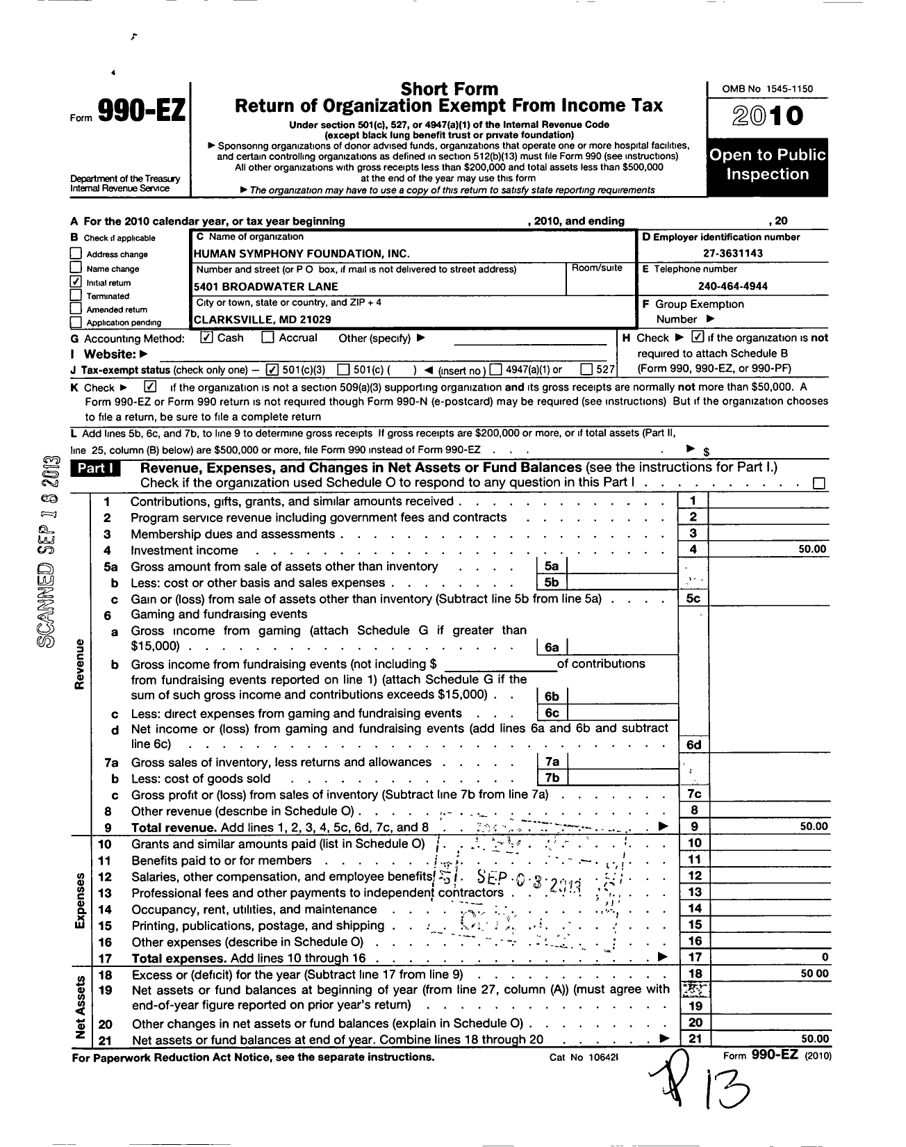 Image of first page of 2010 Form 990EZ for Human Symphony Foundation