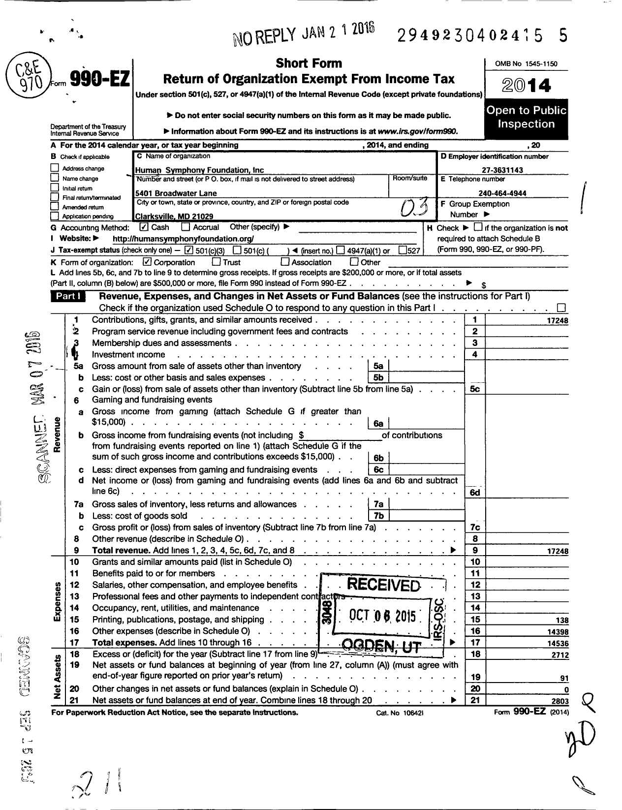 Image of first page of 2014 Form 990EZ for Human Symphony Foundation