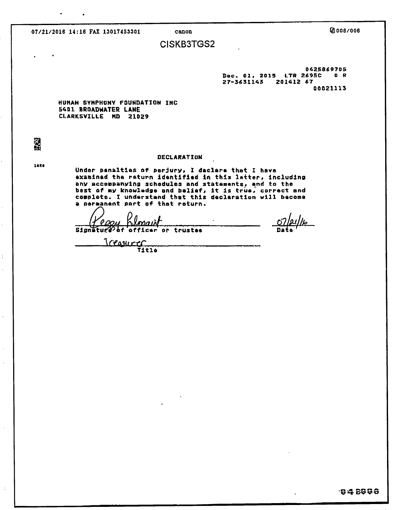 Image of first page of 2014 Form 990ER for Human Symphony Foundation