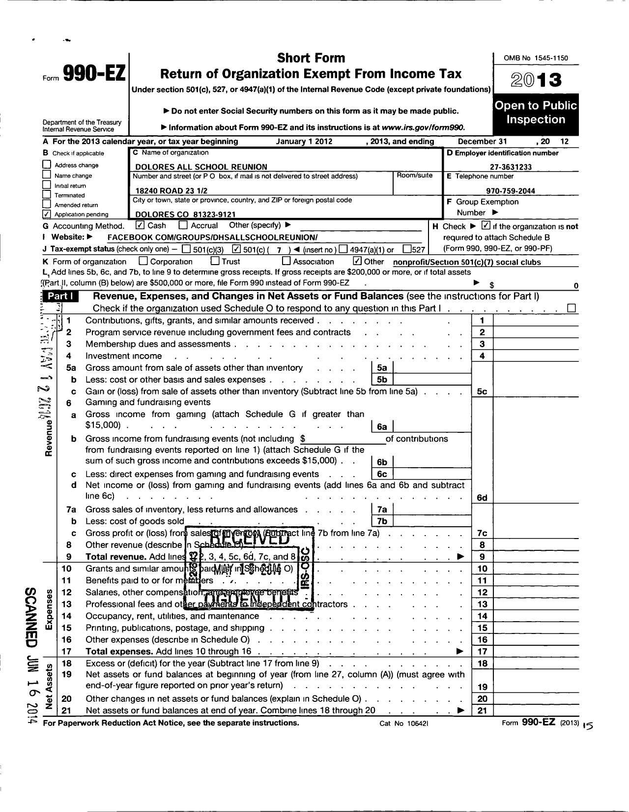 Image of first page of 2013 Form 990EO for Dolores All School Reunion