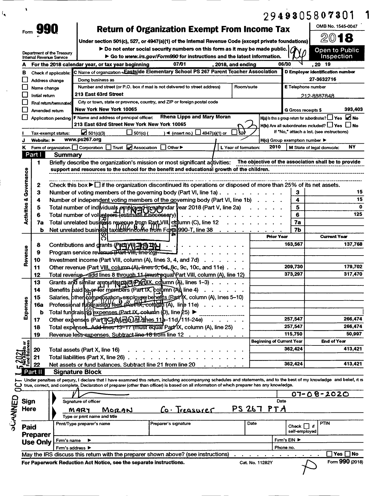 Image of first page of 2018 Form 990 for Eastside Elementary School PS 267 Parent Teacher Association