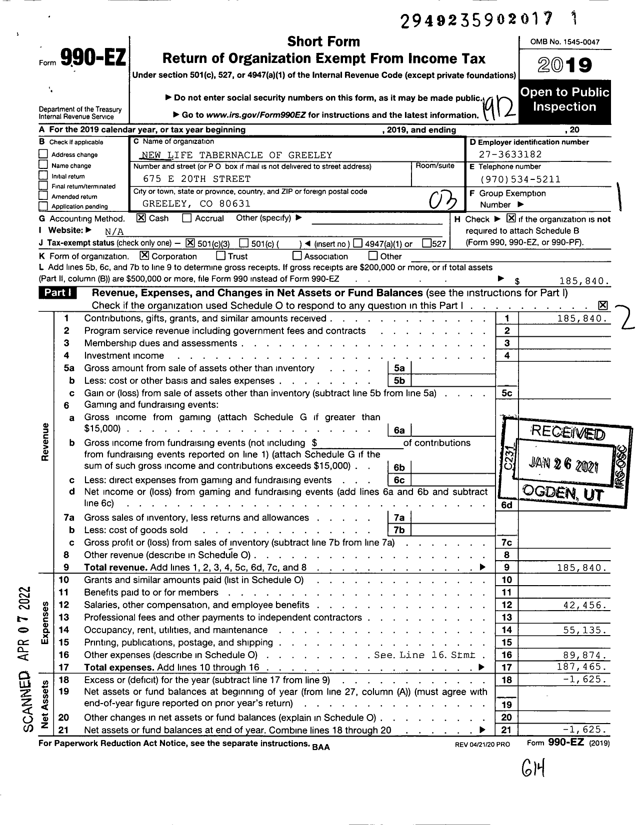 Image of first page of 2019 Form 990EZ for New Life Tabernacle of Greeley