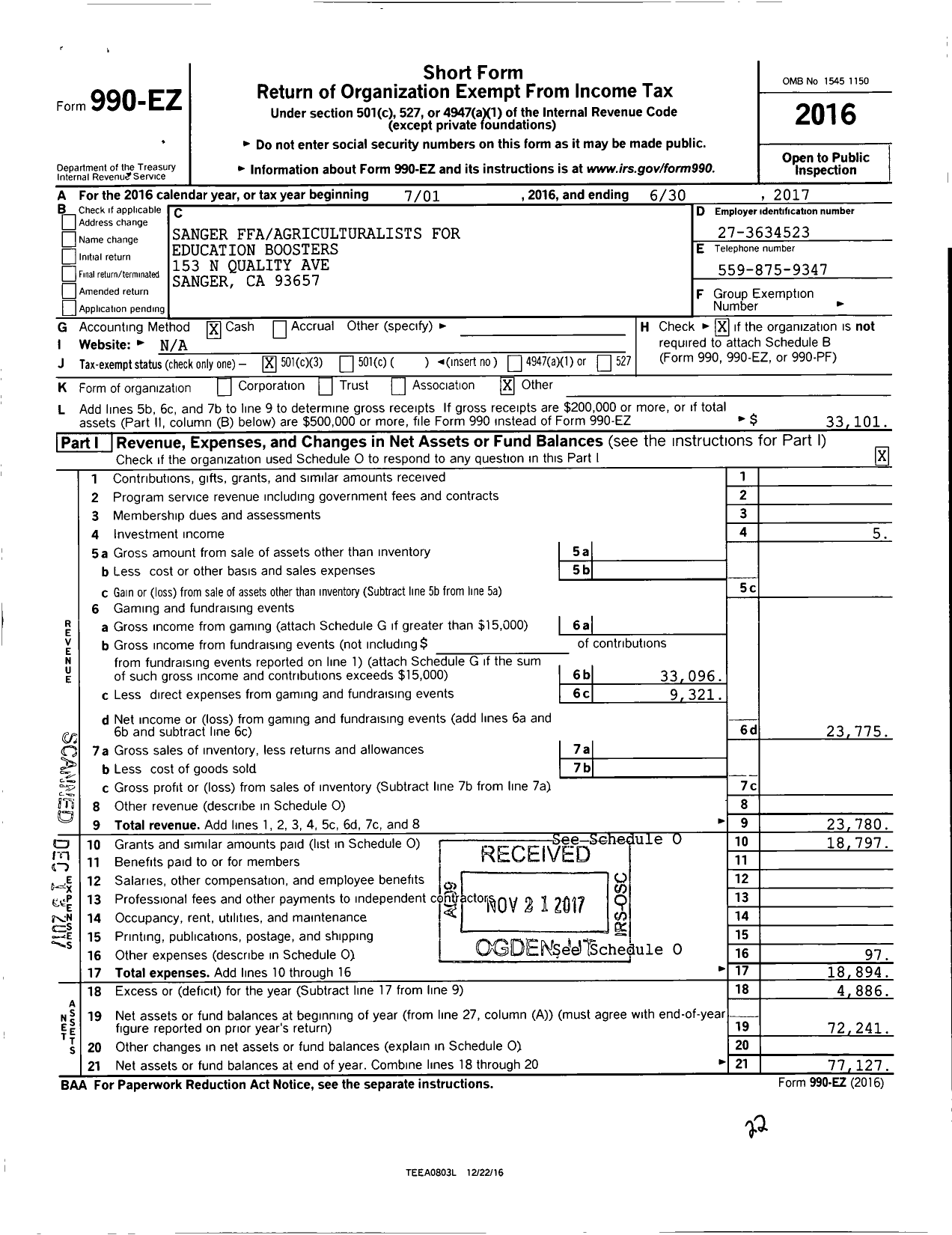 Image of first page of 2016 Form 990EZ for Sanger Ffaagriculturalists for Education Boosters