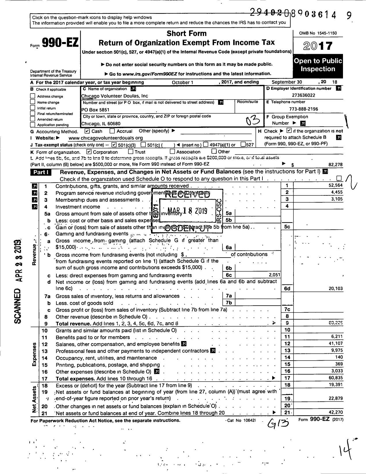 Image of first page of 2017 Form 990EZ for Chicago Volunteer Doulas