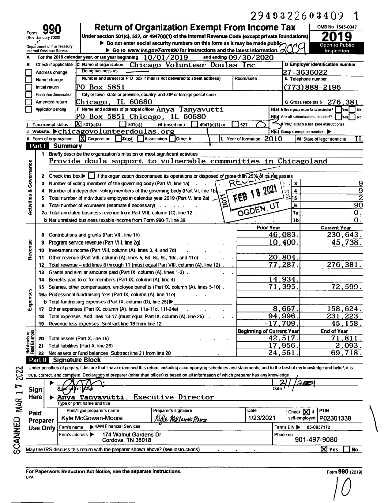 Image of first page of 2019 Form 990 for Chicago Volunteer Doulas