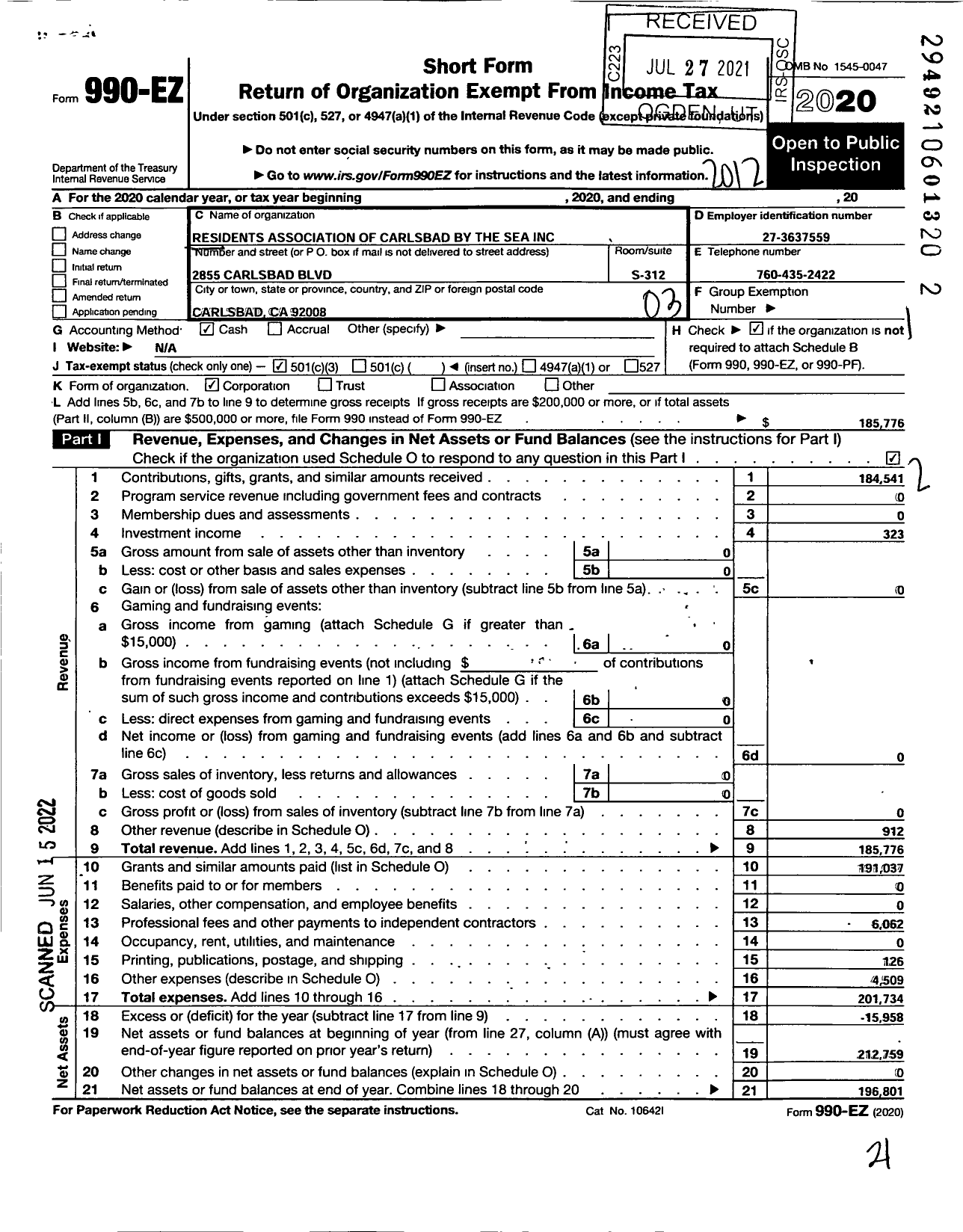 Image of first page of 2020 Form 990EZ for Residents Association of Carlsbad By the Sea