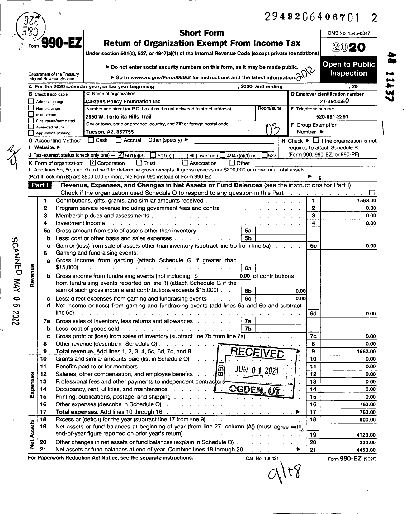 Image of first page of 2020 Form 990EZ for Citizens Policy Foundation