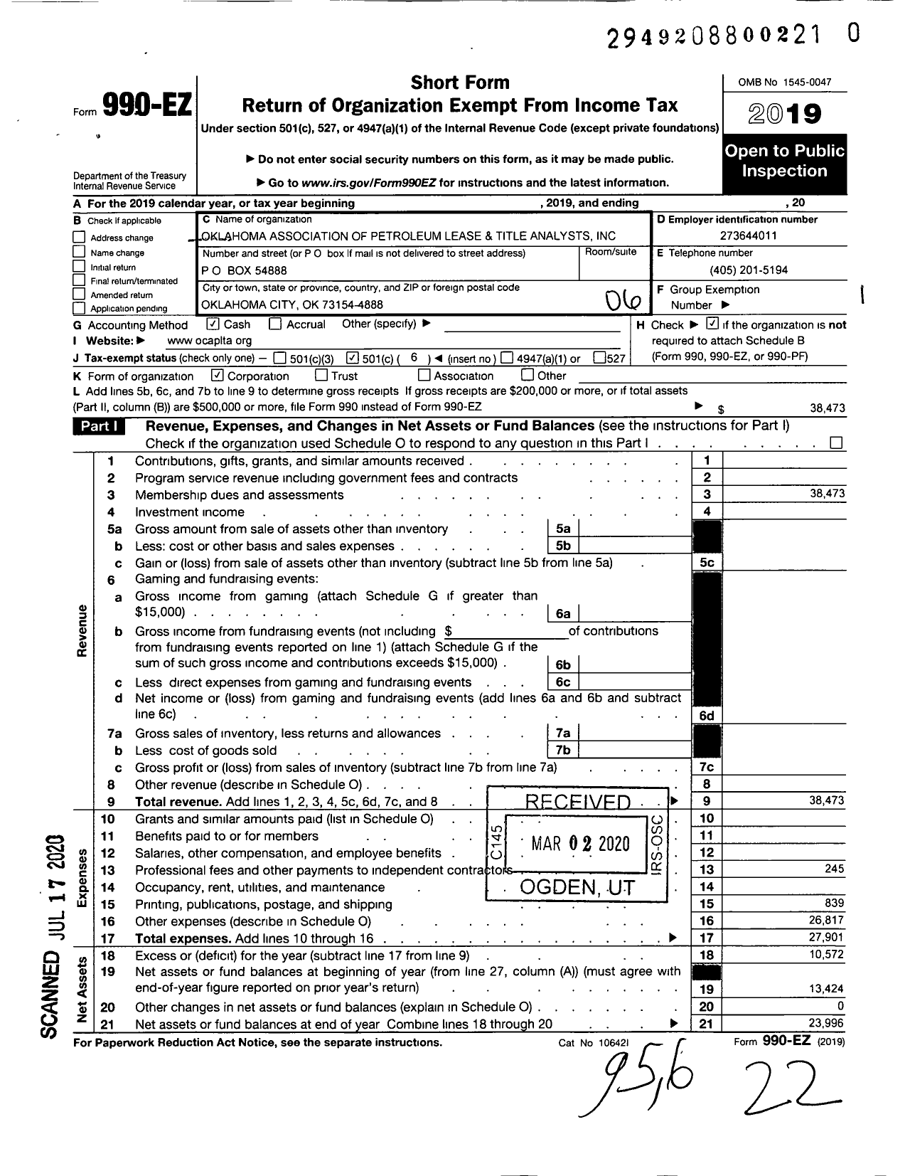 Image of first page of 2019 Form 990EO for Oklahoma City Association of Professional Land and Title Analysts (OCAPLTA)