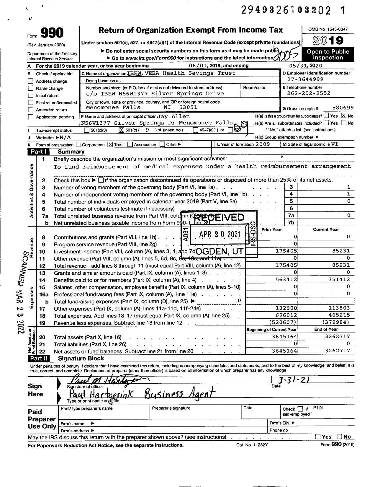 Image of first page of 2019 Form 990O for IBEW VEBA Health Savings Trust